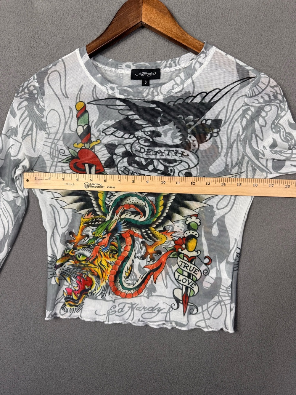 Ed Hardy Y2K Style Tattoo Mesh Long Sleeve Crop Top, Sheer Before Death Design S - Picture 12 of 16